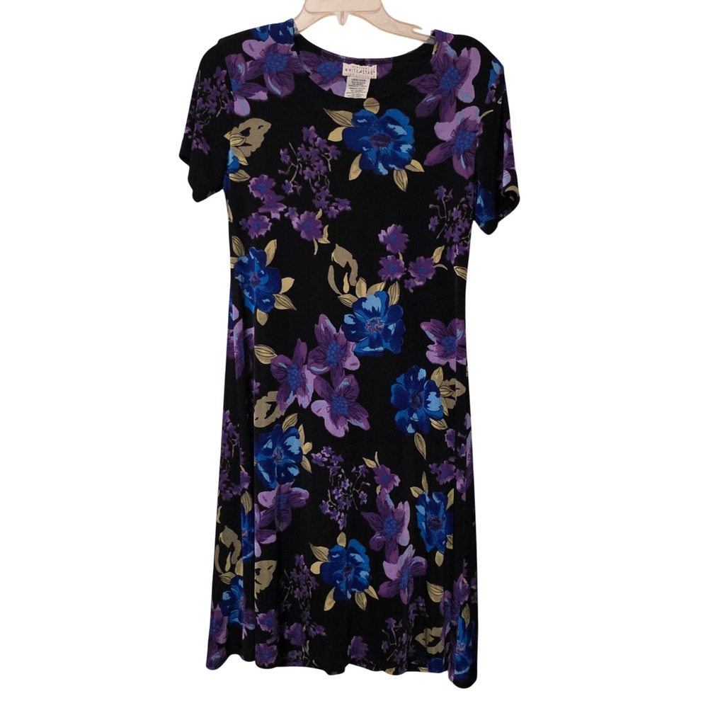 Vintage White Stag Womens Floral Dress Purple Grandmacore Stretch Small 4/6
